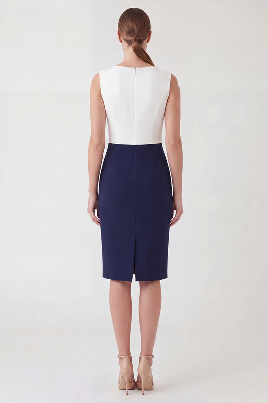 White and Navy Patchwork Color Block Boat Neck Pencil Short Work Dress