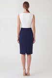 White and Navy Patchwork Color Block Boat Neck Pencil Short Work Dress