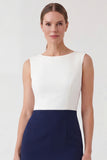 White and Navy Patchwork Color Block Boat Neck Pencil Short Work Dress