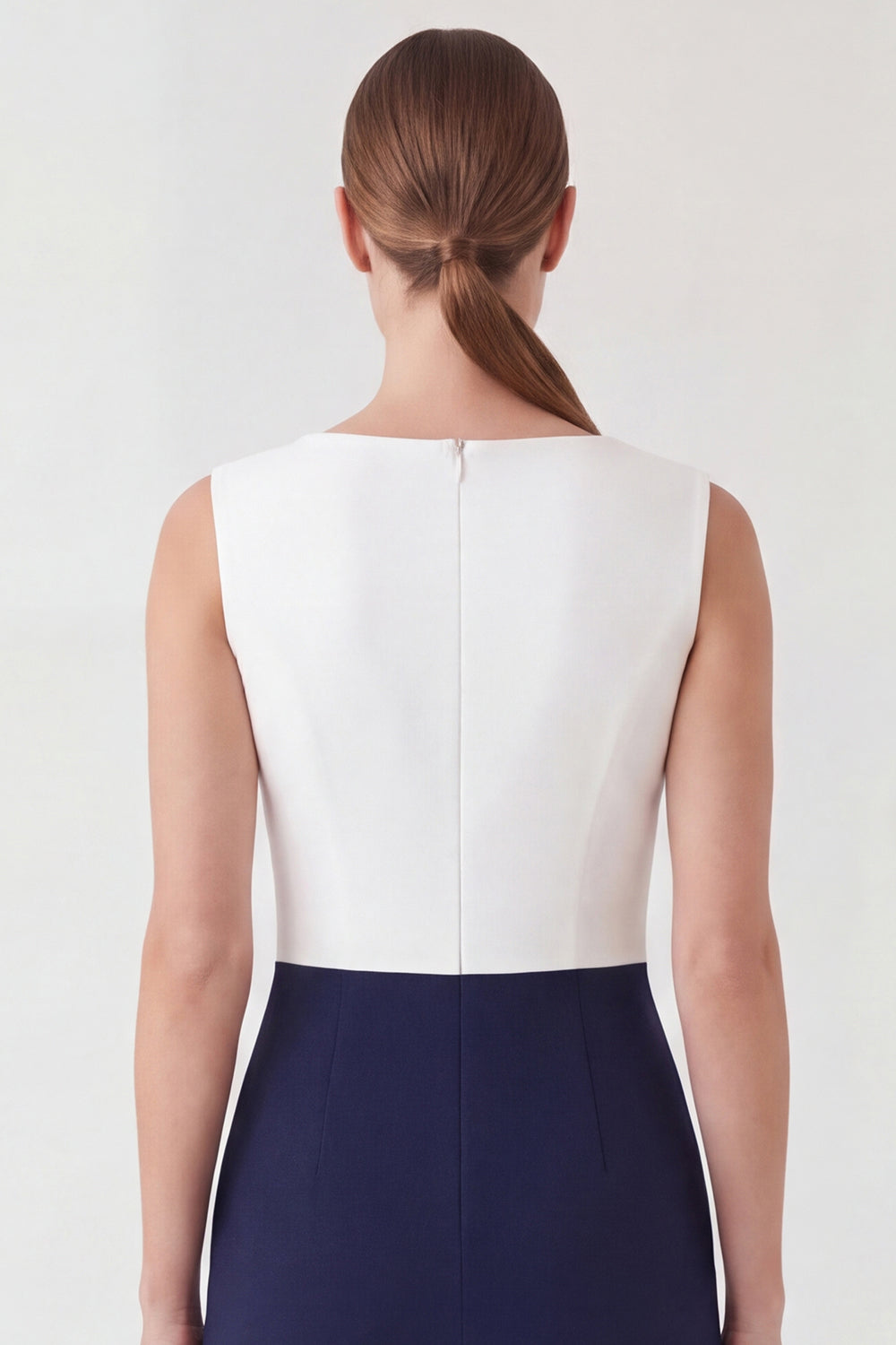 White and Navy Patchwork Color Block Boat Neck Pencil Short Work Dress