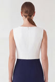 White and Navy Patchwork Color Block Boat Neck Pencil Short Work Dress