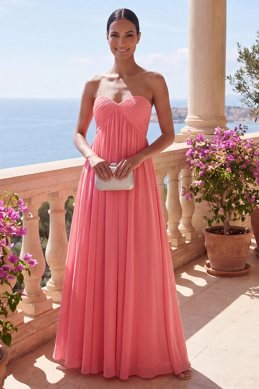 Pink Strapless Maxi A Line Ruched Beach Wedding Guest Dress