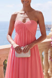 Pink Strapless Maxi A Line Ruched Beach Wedding Guest Dress