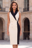 Shawl Lapel Black and White Bodycon Double Breasted Short Work Dress