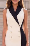Shawl Lapel Black and White Bodycon Double Breasted Short Work Dress