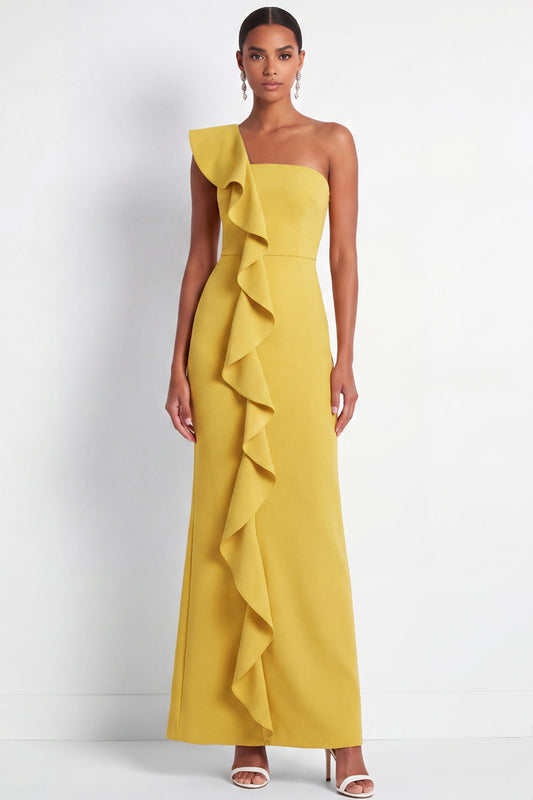 butter yellow maxi dress wedding guest Zapakasa Women Butter Yellow Maxi Wedding Guest Dress with Ruffles One  Shoulder Mermaid Satin Formal Dress