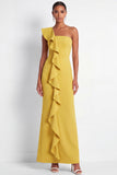 Butter Yellow One Shoulder Maxi Mermaid Wedding Guest Dress with Ruffles