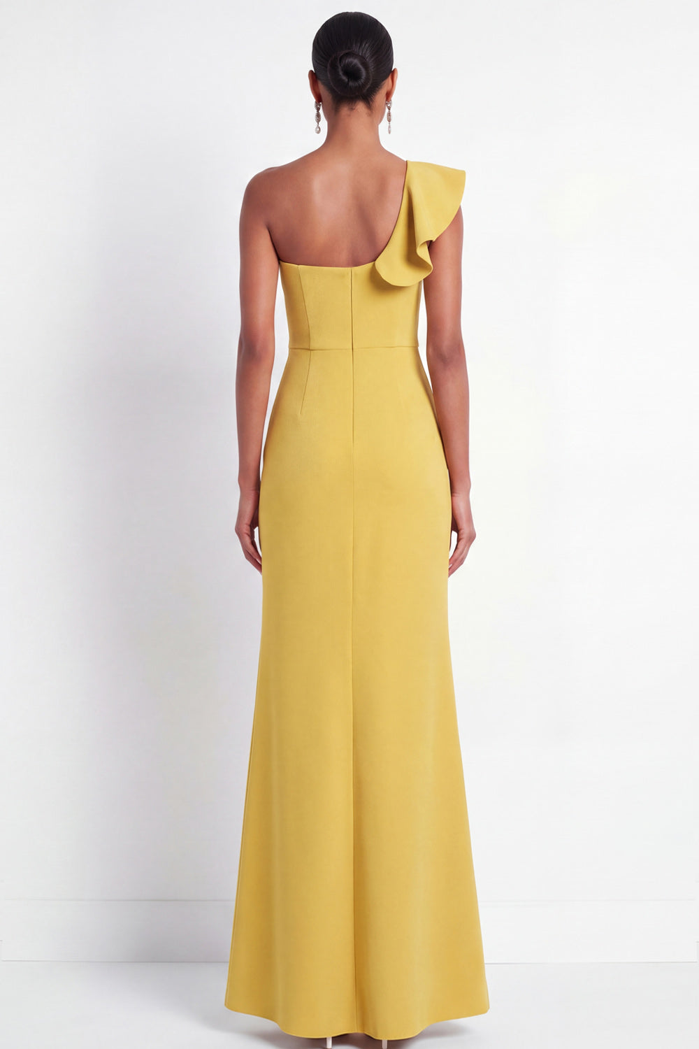 Butter Yellow One Shoulder Maxi Mermaid Wedding Guest Dress with Ruffles
