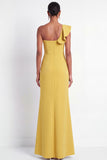 Butter Yellow One Shoulder Maxi Mermaid Wedding Guest Dress with Ruffles