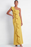 Butter Yellow One Shoulder Maxi Mermaid Wedding Guest Dress with Ruffles