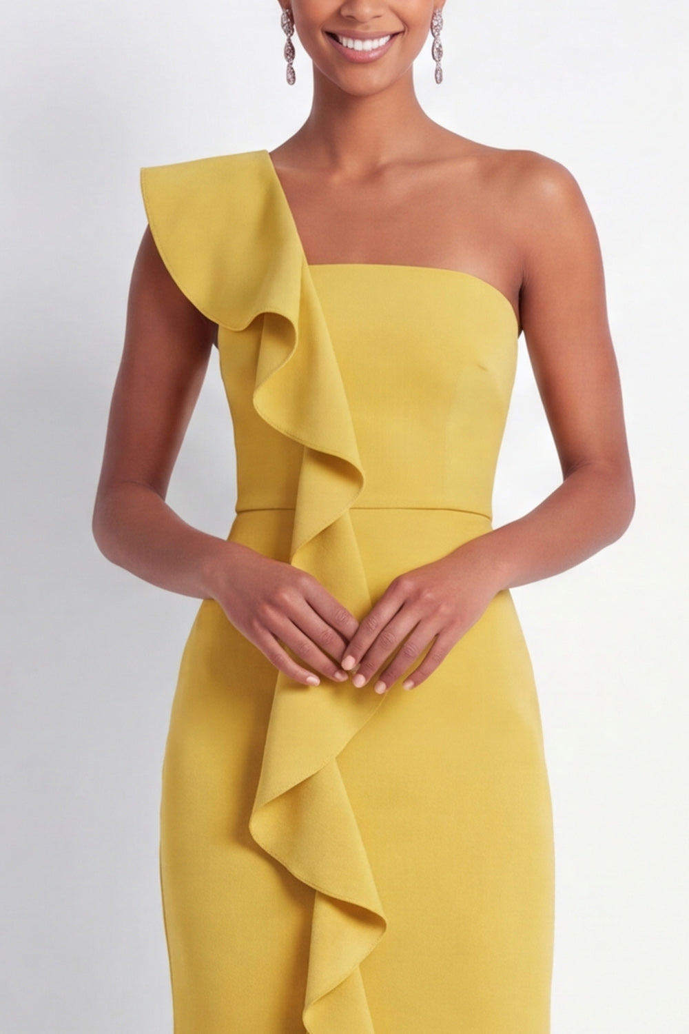 Butter Yellow One Shoulder Maxi Mermaid Wedding Guest Dress with Ruffles