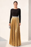 Black Golden A Line Boat Neck Long Metallic Formal Dress with Pleats