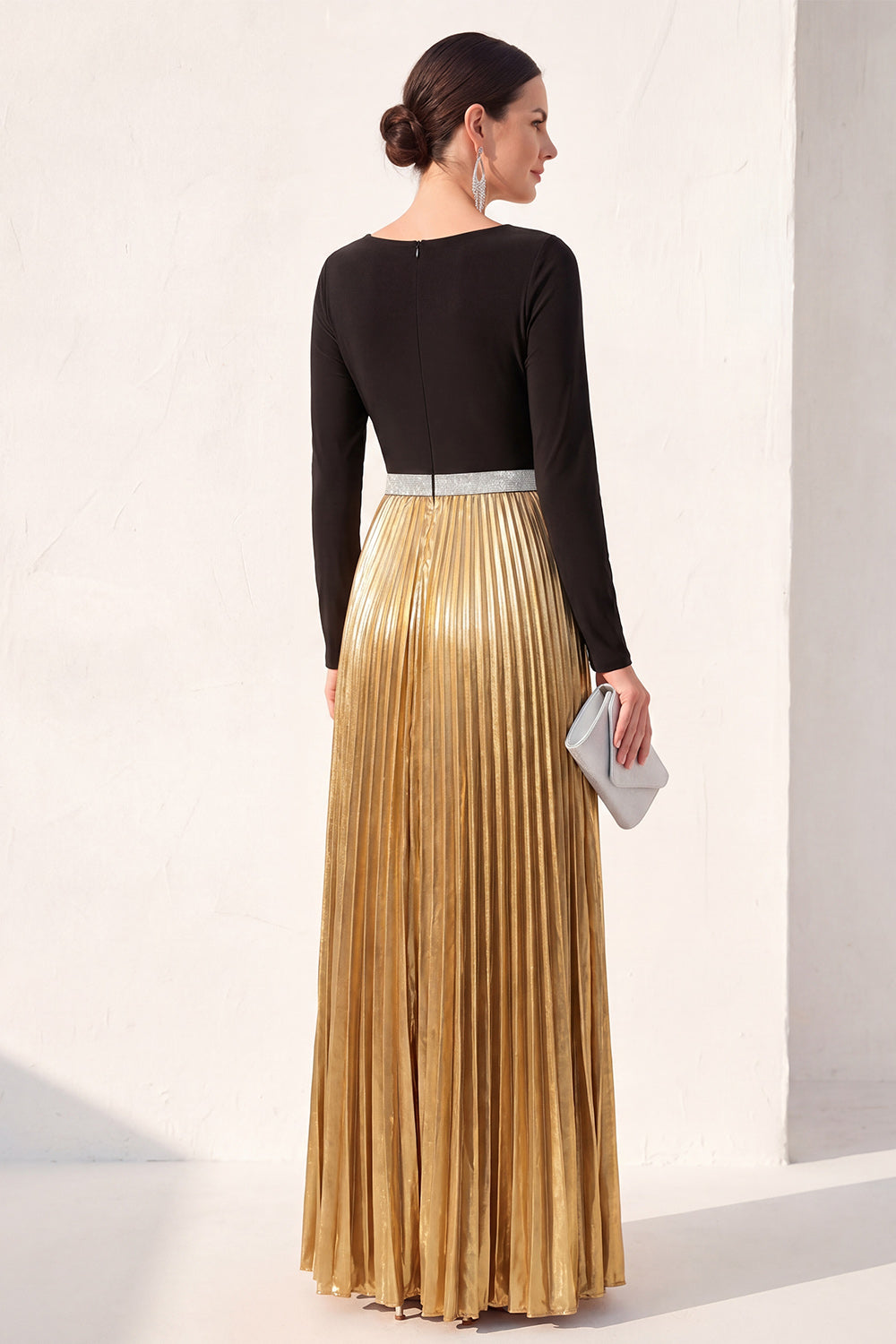 Black Golden A Line Boat Neck Long Metallic Formal Dress with Pleats