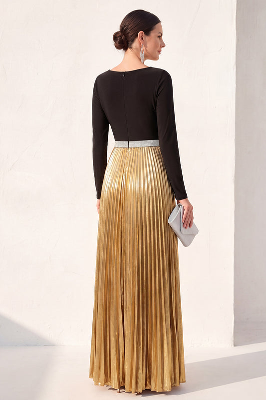 Black Golden A Line Boat Neck Long Metallic Formal Dress with Pleats