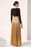 Black Golden A Line Boat Neck Long Metallic Formal Dress with Pleats