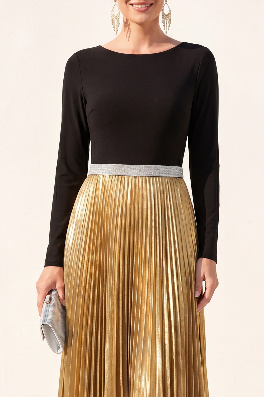 Black Golden A Line Boat Neck Long Metallic Formal Dress with Pleats