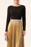 Black Golden A Line Boat Neck Long Metallic Formal Dress with Pleats