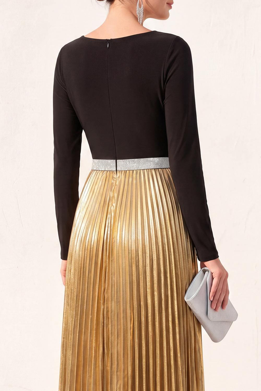 Black Golden A Line Boat Neck Long Metallic Formal Dress with Pleats