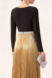 Black Golden A Line Boat Neck Long Metallic Formal Dress with Pleats