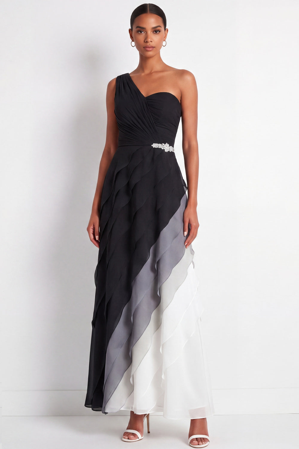 Black and White Maxi A Line Color Block Wedding Guest Dress with Ruffles