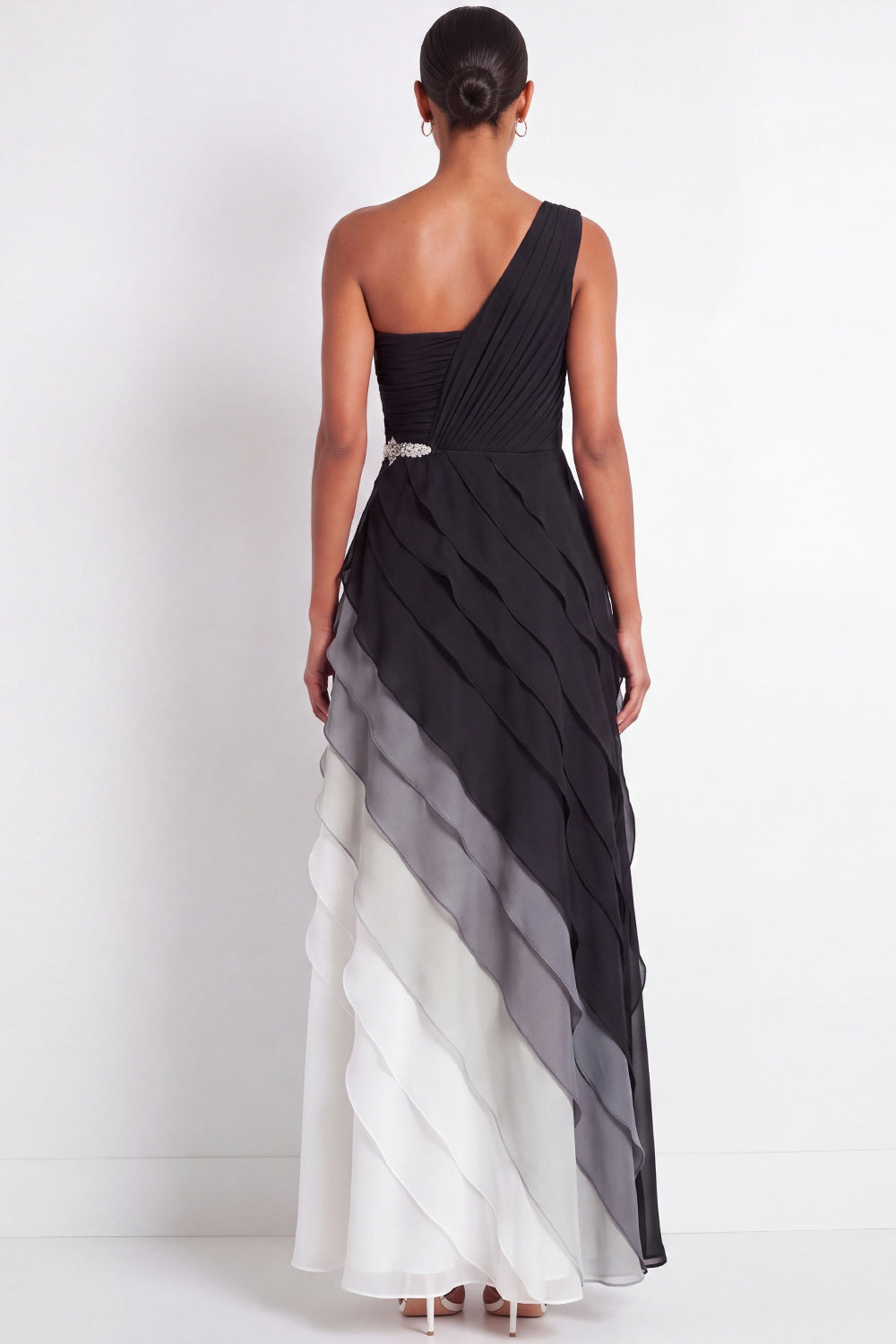 Black and White Maxi A Line Color Block Wedding Guest Dress with Ruffles