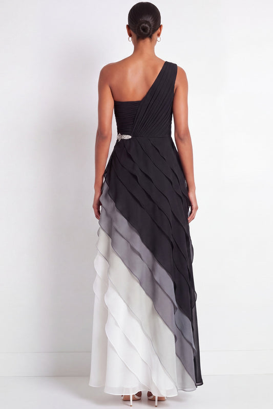 Black and White Maxi A Line Color Block Wedding Guest Dress with Ruffles