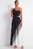 Black and White Maxi A Line Color Block Wedding Guest Dress with Ruffles