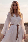 White V-Neck A Line Long Sleeves Beach Western Wedding Dress with Lace