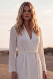 V-Neck A Line White Long Sleeves Beach Western Wedding Dress with Sash