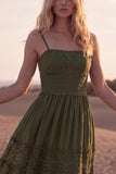 Green A Line Spaghetti Straps Maxi Boho Dress with Lace