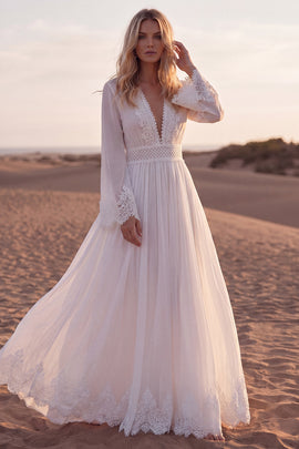 A Line White V-Neck Long Sleeves Beach Western Wedding Dress with Lace