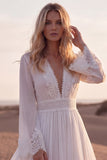 A Line White V-Neck Long Sleeves Beach Western Wedding Dress with Lace