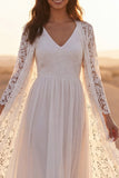 White Maxi Lace V-Neck A Line Boho Wedding Dress with Cape