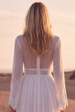 A Line White V-Neck Long Sleeves Beach Western Wedding Dress with Lace