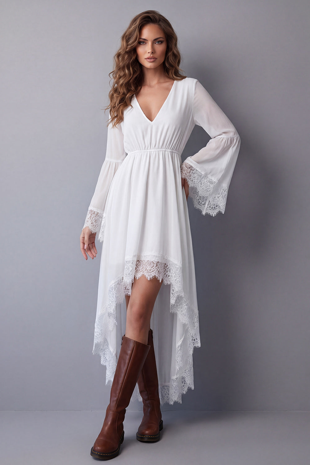 White V-Neck A Line High Low Beach Western Wedding Dress with Lace