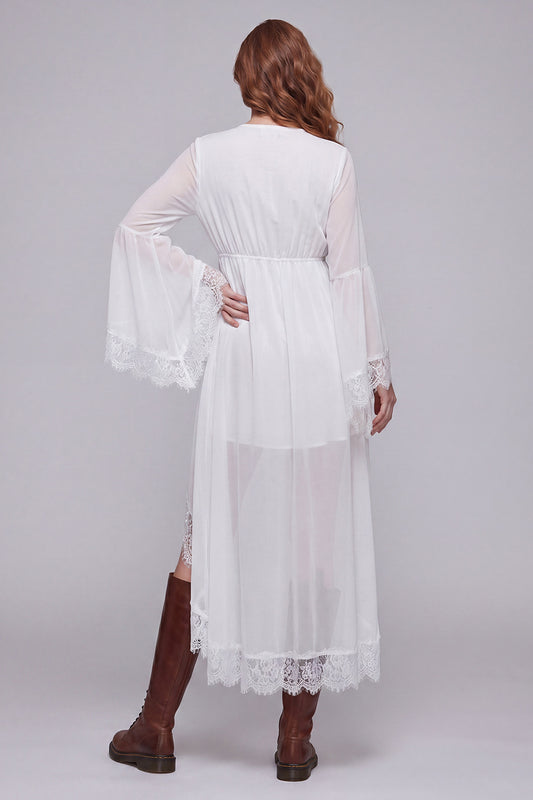 White V-Neck A Line High Low Beach Western Wedding Dress with Lace
