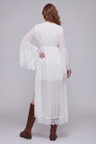 White V-Neck A Line High Low Beach Western Wedding Dress with Lace