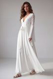Flare Sleeves White V-Neck A Line Long Beach Wedding Dress with Lace