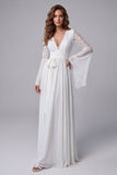 Flare Sleeves White V-Neck A Line Long Beach Wedding Dress with Lace