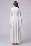 Flare Sleeves White V-Neck A Line Long Beach Wedding Dress with Lace