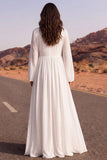 A Line Long Sleeves White Floor Length V-Neck Beach Wedding Dress with Sleeves