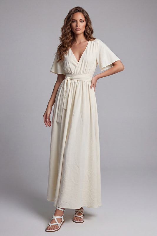 Short Sleeves Apricot V-Neck A Line Maxi Beach Wedding Dress with Sash