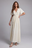 Short Sleeves Apricot V-Neck A Line Maxi Beach Wedding Dress with Sash