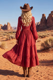 Red V-Neck Maxi A Line Long Sleeves Boho Dress