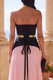 Sweetheart Pink Maxi A Line Color Block Formal Dress with Pleats