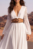 White Long V-Neck Long Sleeves A Line Boho Wedding Dress with Belt