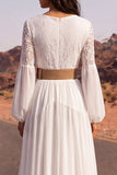 White Long V-Neck Long Sleeves A Line Boho Wedding Dress with Belt