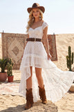 White High Low Lace A Line Boho Western Wedding Dress with Ruffles