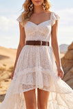 White High Low Lace A Line Boho Western Wedding Dress with Ruffles