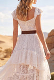 White High Low Lace A Line Boho Western Wedding Dress with Ruffles